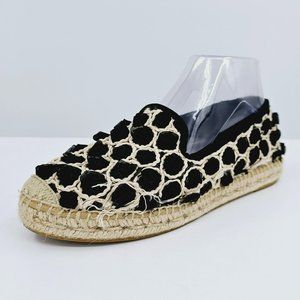 Kanna Santero Espadrille 7.5 38 Black Cream Textile Rosette Jute Slip On Cap Toe